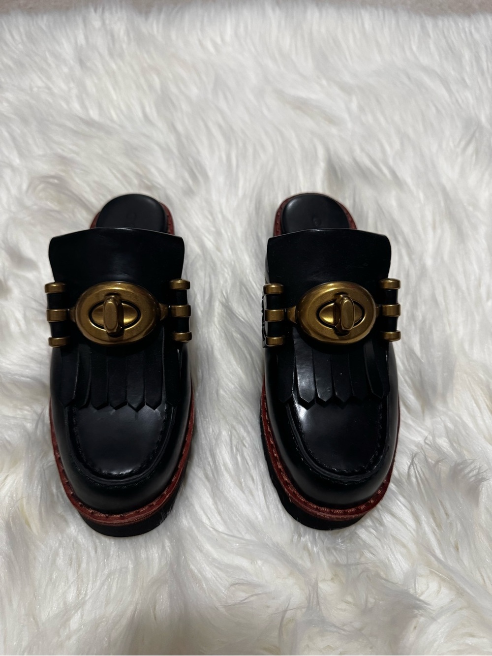 Coach Black Leather Kiltie Slip-On Loafers with Gold Turn-Lock - Picture 6 of 6